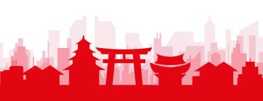 Kırmızı panoramik şehir silueti posteri. KYOTO, JAPONYA 'nın kırmızı, şeffaf arka plan binaları.