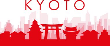 Kırmızı panoramik şehir silueti posteri. KYOTO, JAPONYA 'nın kırmızı, şeffaf arka plan binaları.