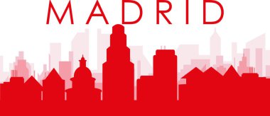 Kırmızı panoramik şehir silueti posterleri, MADRID, SPAIN 'in kırmızımsı saydam arka plan binaları