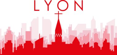 Kırmızı panoramik şehir silueti posteri. LYON, FRANCE