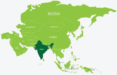 Açık mavi arkaplanda ortografik projeksiyon kullanarak açık yeşil Asya haritası içindeki INDIA 'nın vurgulanmış yeşil haritası