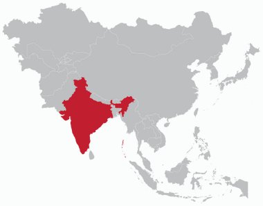 Açık mavi arkaplanda açık mavi arkaplanlı gri gri Asya ve Rusya 'dan oluşan INDIA' nın kırmızı haritası vurgulandı