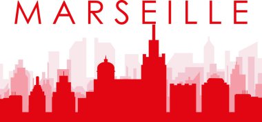 MARSEILLE, FRANCE 'ın kırmızımsı saydam arka plan binalarıyla kırmızı panoramik şehir silueti posteri