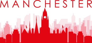 Kırmızı panoramik şehir silueti posteri, kırmızı saydam arka plan binaları, MANCHESTER, Birleşik KINGDOM
