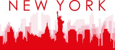 Kırmızı panoramik şehir silueti posteri, New York City 'nin kırmızı, şeffaf arka plan binaları, Birleşik Devletler