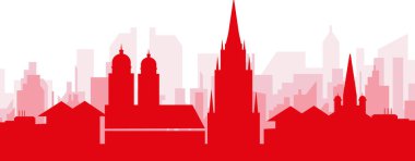 MUNICH, GERMANY 'nin kırmızı saydam arka plan binalarıyla kırmızı panoramik şehir silueti posteri