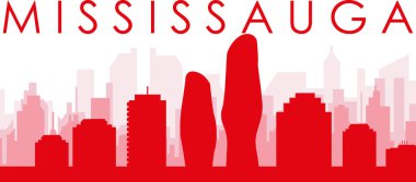 MISSISSAUGA, CANADA 'nın kırmızımsı şeffaf arka plan binalarıyla kırmızı panoramik şehir silueti posteri