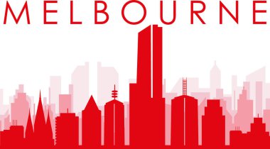 MELBOURNE, AUSTRALIA 'nın kırmızımsı saydam arka plan binalarıyla kırmızı panoramik şehir silueti posteri