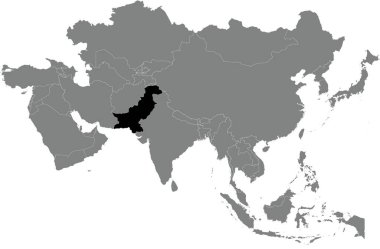 PAKISTAN 'ın koyu gri içinde vurgulanmış kara haritası, Rusya olmadan, saydam arkaplanda ortografik projeksiyon kullanarak Asya' nın boş politik haritası.