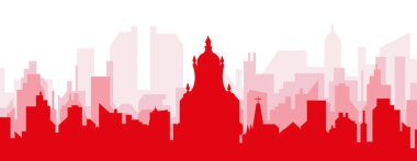 OXFORD, UNITED KINGDOM 'un kırmızımsı saydam arka plan binalarıyla kırmızı panoramik şehir silueti posteri