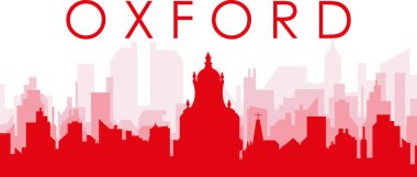 OXFORD, UNITED KINGDOM 'un kırmızımsı saydam arka plan binalarıyla kırmızı panoramik şehir silueti posteri