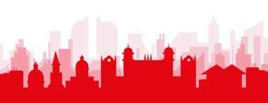 NOTTINGHAM, UNITED KINGDOM 'un kırmızımsı şeffaf arka plan binalarıyla kırmızı panoramik şehir silueti posteri