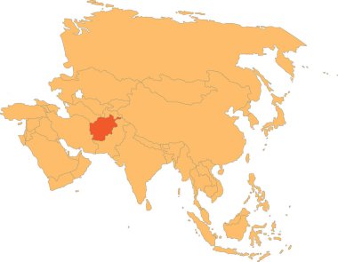 Şeffaf arkaplan üzerine ortografik projeksiyon kullanarak Asya 'nın turuncu detaylı siyasi haritasının içindeki AfgANISTAN' ın kırmızı haritası vurgulandı