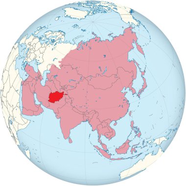Kızıl AfgANISTAN 'ın kırmızı haritası kırmızı içerideydi. Asya' nın detaylı boş politik haritası, Globe 'un ortografik yansımasını kullanıyordu.