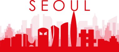 Kırmızı panoramik şehir silueti posteri. SEOUL, Güney Kore 'nin saydam arka plan binaları.