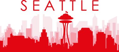 Kırmızı panoramik şehir silueti posteri SEATTLE, Birleşik Devletler 'in kırmızı, şeffaf arka plan binaları
