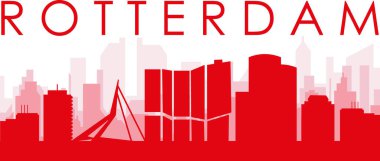 ROTTERDAM, NETHERLANDS 'ın kırmızı saydam arka plan binalarıyla kırmızı panoramik şehir silueti posteri