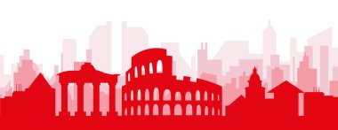 Kırmızı panoramik şehir silueti posteri, Roma, İtalya 'nın kırmızımsı şeffaf arka plan binaları