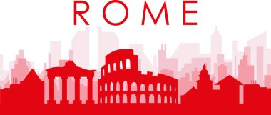 Kırmızı panoramik şehir silueti posteri, Roma, İtalya 'nın kırmızımsı şeffaf arka plan binaları