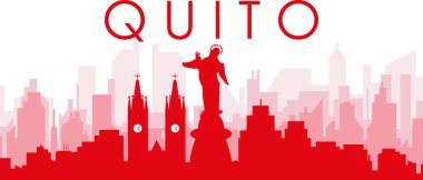 QUITO, ECUADOR 'un kırmızımsı saydam arka plan binalarıyla kırmızı panoramik şehir silueti posteri