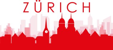 Kırmızı panoramik şehir silueti posteri, ZURICH, SWitzERLAND 'ın kırmızımsı şeffaf arka plan binaları