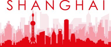 ŞANGHAI, ÇİN 'İN kırmızı panoramik şehir silueti posterleri ve kırmızımsı saydam arka plan binaları