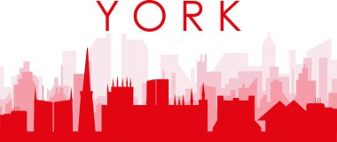 YORK, UNITED KINGDOM 'un kırmızımsı şeffaf arka plan binalarıyla kırmızı panoramik şehir silueti posteri