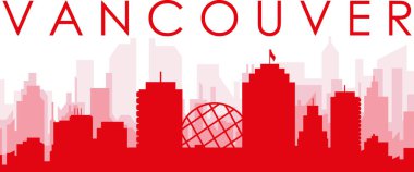 Kırmızı panoramik şehir silueti afişi. VANCOUver, CanADA 'nın kırmızı, şeffaf arka plan binaları.