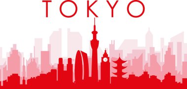 Kızıl panoramik şehir silueti posteri, TOKYO, JAPONYA 'nın kırmızımsı şeffaf arka plan binaları