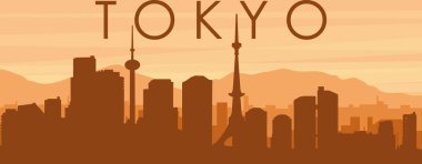 Kahverengi panoramik şehir silueti posterleri sisli arka plan binaları, gündoğumu, bulutlar ve TOKYO dağları, Japonya
