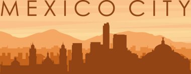 Kahverengi panoramik şehir silueti posterleri sisli arka plan binaları, gündoğumu, bulutlar ve MEXICO şehri dağları, MEXICO