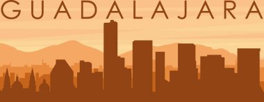 Kahverengi panoramik şehir silueti posterleri sisli arka plan binaları, gündoğumu, bulutlar ve GUADALAJARA dağları, MEXICO