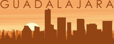 Kahverengi panoramik şehir silueti posterleri sisli arka plan binaları, gündoğumu, bulutlar ve GUADALAJARA dağları, MEXICO