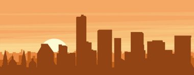 Kahverengi panoramik şehir silueti posterleri sisli arka plan binaları, gündoğumu, bulutlar ve GUADALAJARA dağları, MEXICO