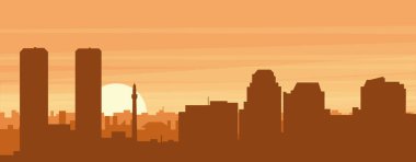 Kahverengi panoramik şehir silueti posterleri sisli arka plan binaları, gündoğumu, bulutlar ve TIJUANA dağları, MEXICO