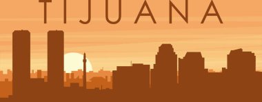 Kahverengi panoramik şehir silueti posterleri sisli arka plan binaları, gündoğumu, bulutlar ve TIJUANA dağları, MEXICO
