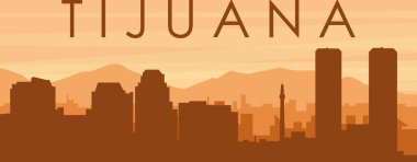 Kahverengi panoramik şehir silueti posterleri sisli arka plan binaları, gündoğumu, bulutlar ve TIJUANA dağları, MEXICO