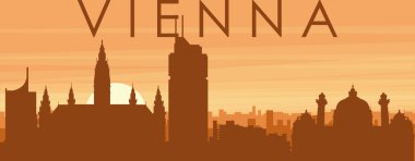 Kahverengi panoramik şehir gökyüzü posteri sisli arka plan binaları, gün doğumu, bulutlar ve Viyana dağları, AUSTRIA