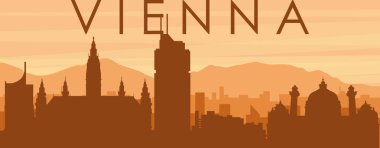 Kahverengi panoramik şehir gökyüzü posteri sisli arka plan binaları, gün doğumu, bulutlar ve Viyana dağları, AUSTRIA