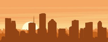 Şehir siluetinin kahverengi panoramik posteri sisli arka plan binaları, gündoğumu, bulutlar ve HOUSTON dağları, Birleşik Devletler
