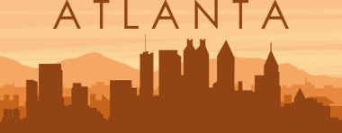 Şehir siluetinin kahverengi panoramik posteri sisli arka plan binaları, gündoğumu, ATLANTA 'nın bulutları ve dağları, Birleşik Devletler