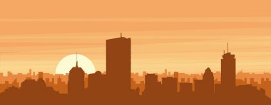 Şehrin sisli arka plan binaları, güneş doğuşu, bulutlar ve BOSTON dağları, Birleşik Devletler 'in kahverengi panoramik posterleri.