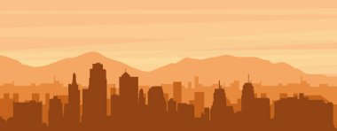 Şehrin sisli arka plan binaları, güneş doğuşu, bulutlar ve KANSAS Şehri 'nin dağları, Birleşik Devletler' in kahverengi panoramik posterleri.