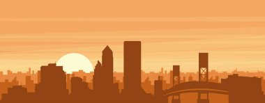 Şehrin sisli arka plan binaları, güneş doğuşu, bulutlar ve JACKSONVILLE dağları, Birleşik Devletler 'in kahverengi panoramik posteri