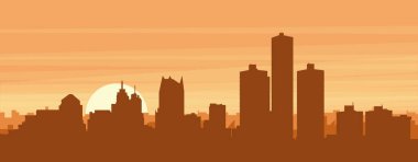 Şehrin sisli arka plan binaları, gündoğumu, bulutlar ve DETROIT dağları, Birleşik Devletler 'in kahverengi panoramik posterleri.