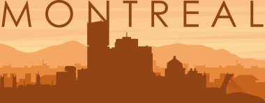 Şehir siluetinin kahverengi panoramik posteri sisli arka plan binaları, gündoğumu, bulutlar ve Montreal dağları, Kanada