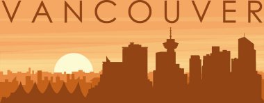 Şehir siluetinin kahverengi panoramik posteri sisli arka plan binaları, güneş doğuşu, bulutlar ve VANCOUver dağları, Kanada