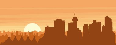 Şehir siluetinin kahverengi panoramik posteri sisli arka plan binaları, güneş doğuşu, bulutlar ve VANCOUver dağları, Kanada