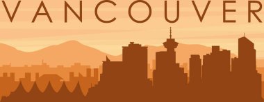 Şehir siluetinin kahverengi panoramik posteri sisli arka plan binaları, güneş doğuşu, bulutlar ve VANCOUver dağları, Kanada