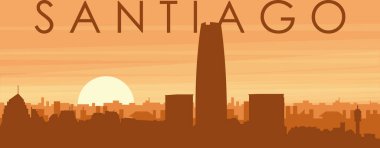 Şehir siluetinin kahverengi panoramik posteri sisli arka plan binaları, gün doğumu, bulutlar ve SANTIAGO dağları, ŞİLYE